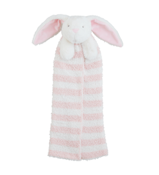 The mudpie Musical Bunny Cuddle Pal is a soft plush baby blanket with a bunny head, white and light pink stripes, long pink-lined ears, and plays a gentle lullaby to comfort your little one.