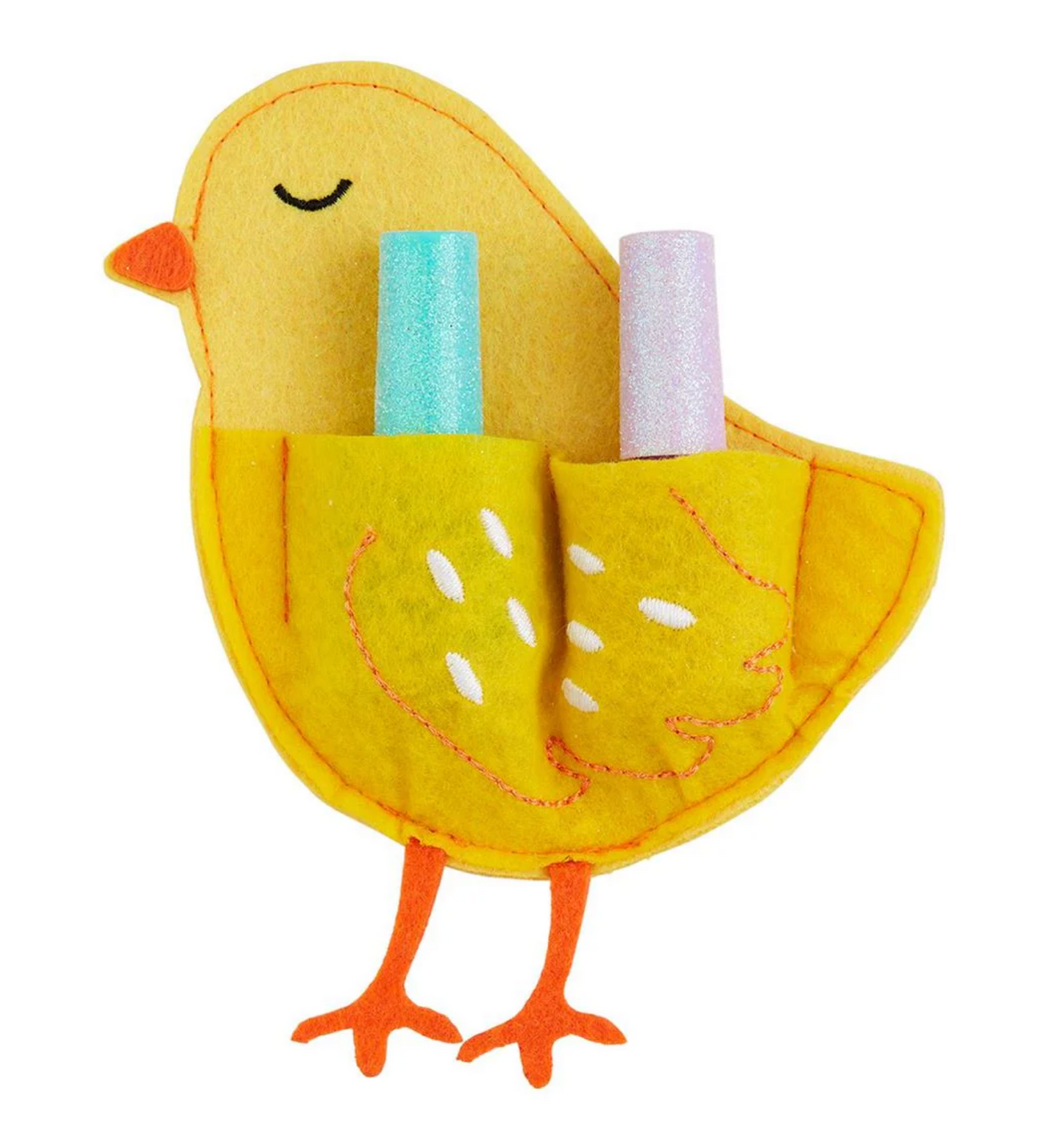 The mudpie Easter Nail Polish Sets feature a cute yellow felt chick with stitched orange details holding two glittery water-based polishes—one blue and one pink—in its pockets, perfect for gifting.