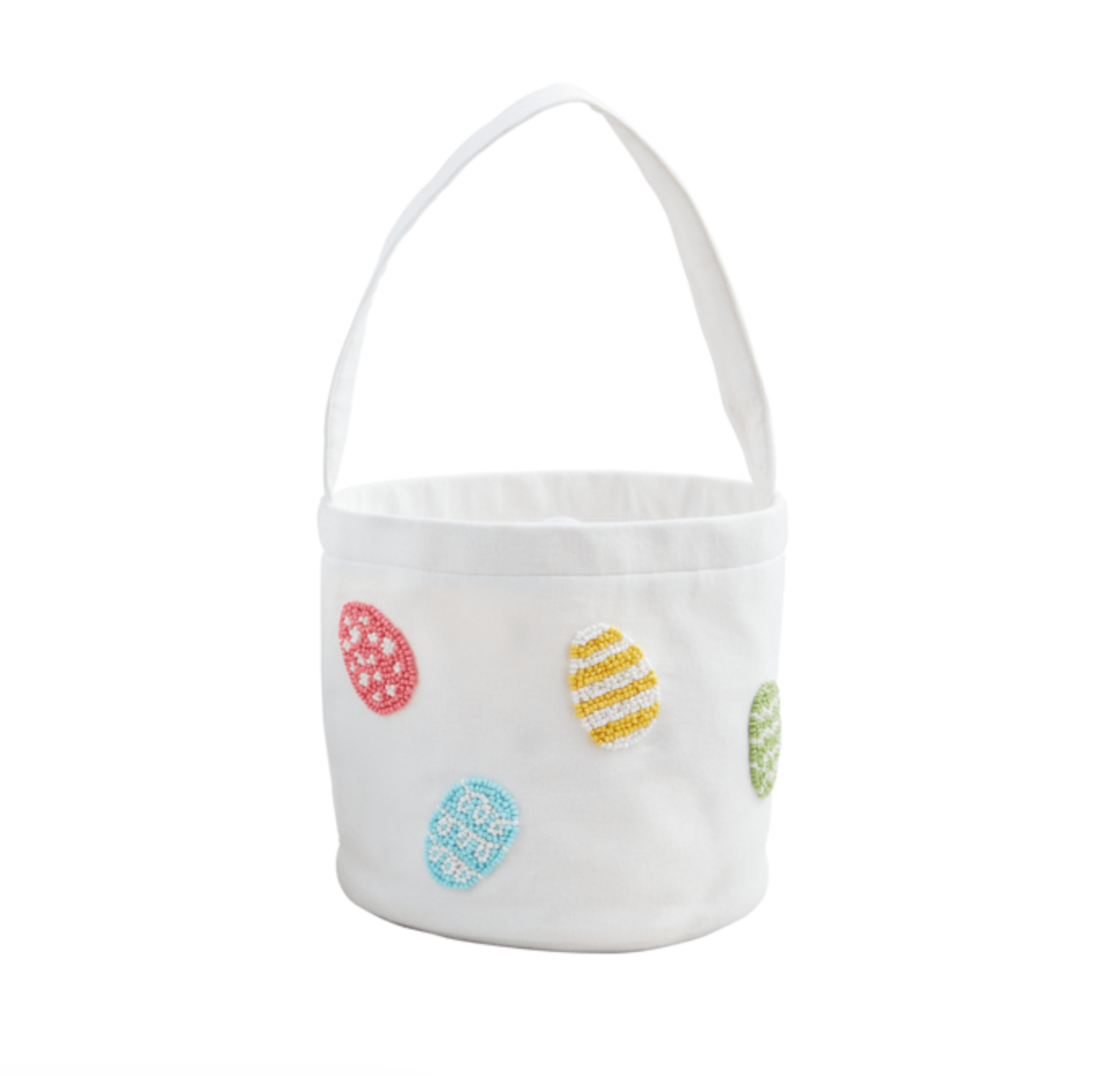 The mudpie Beaded Easter Buckets feature a woven cotton design with a handle and colorful embroidered Easter egg patterns in red, blue, yellow, and green on a plain white background.