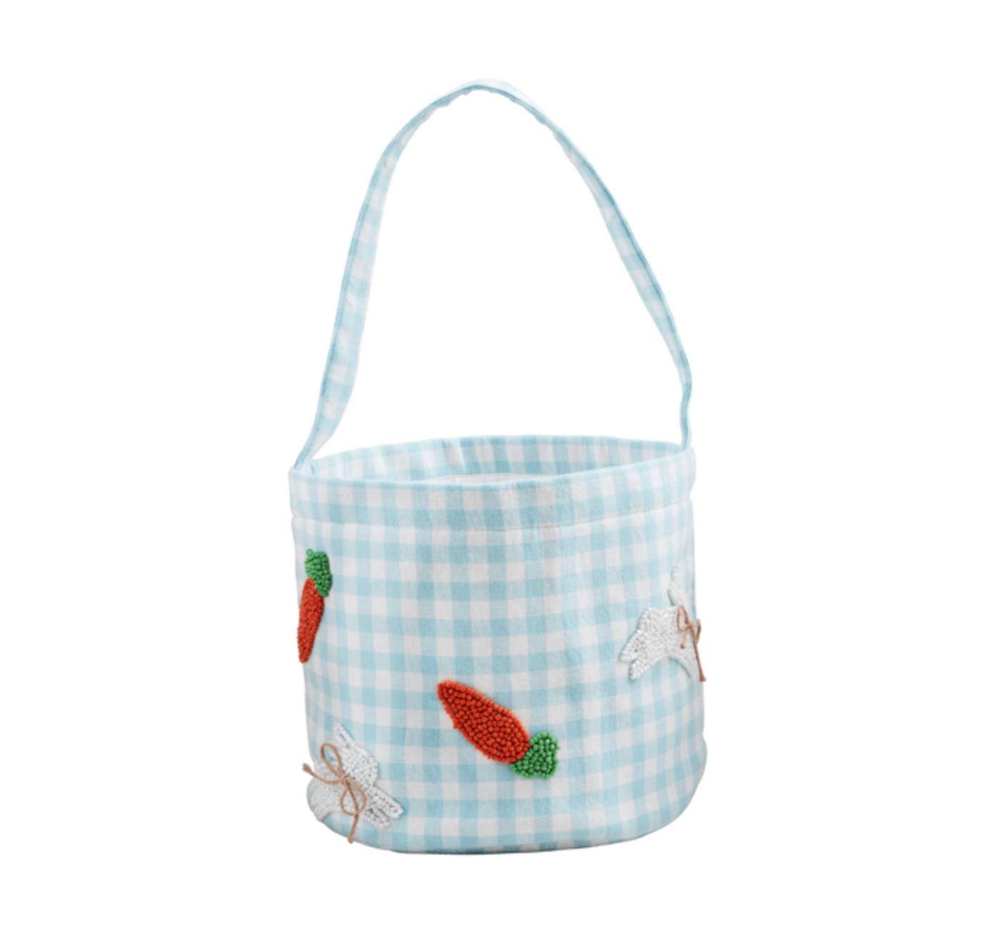 The mudpie Beaded Easter Buckets feature a light blue and white gingham cotton design, a handle, and are adorned with embroidered orange carrots and white bunnies.