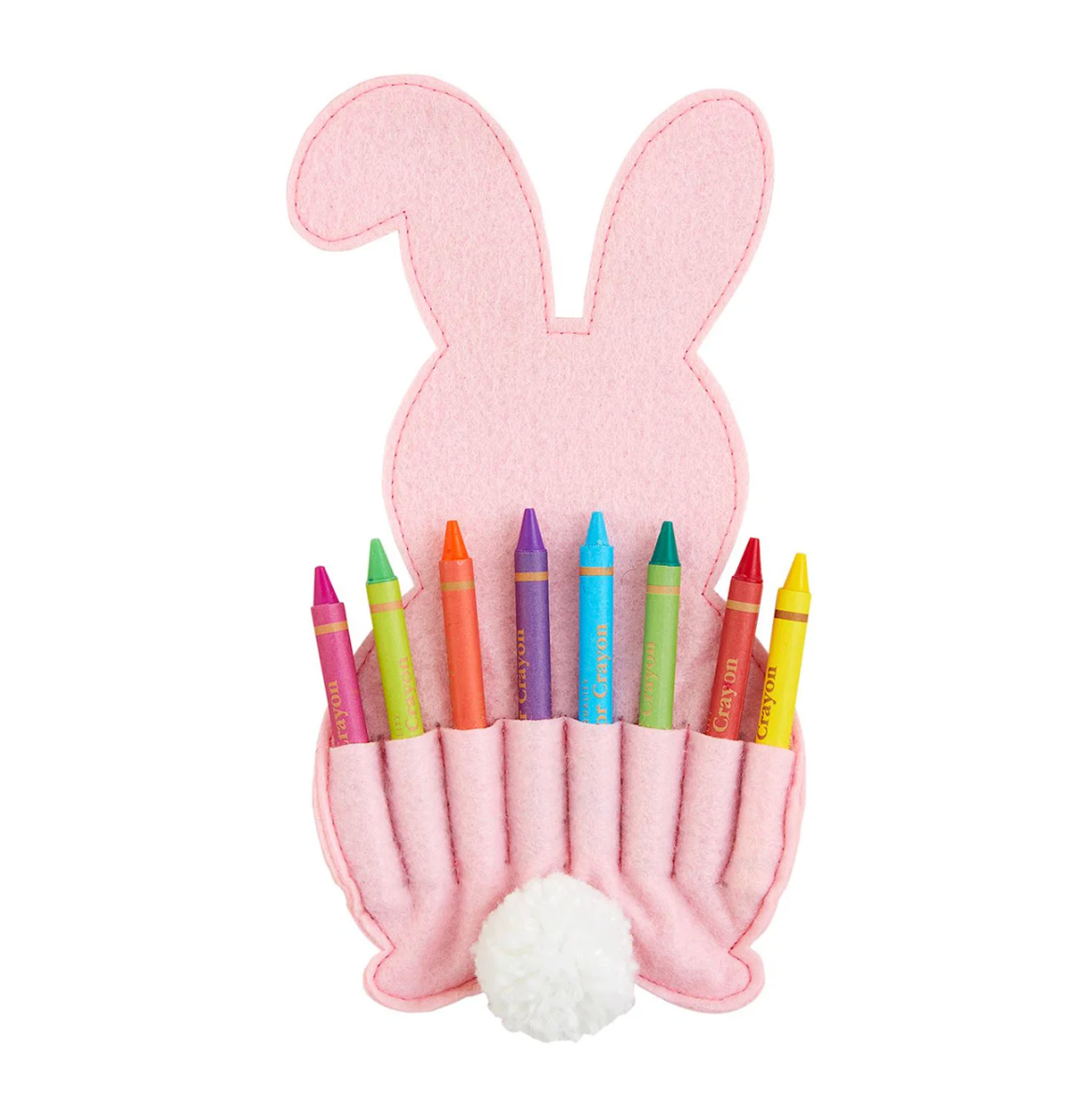 The mudpie Easter Crayon Holder is a pink bunny-shaped case with a fluffy pom-pom tail, opening to reveal eight colorful crayons in individual slots—perfect for sparking creative fun this Easter.