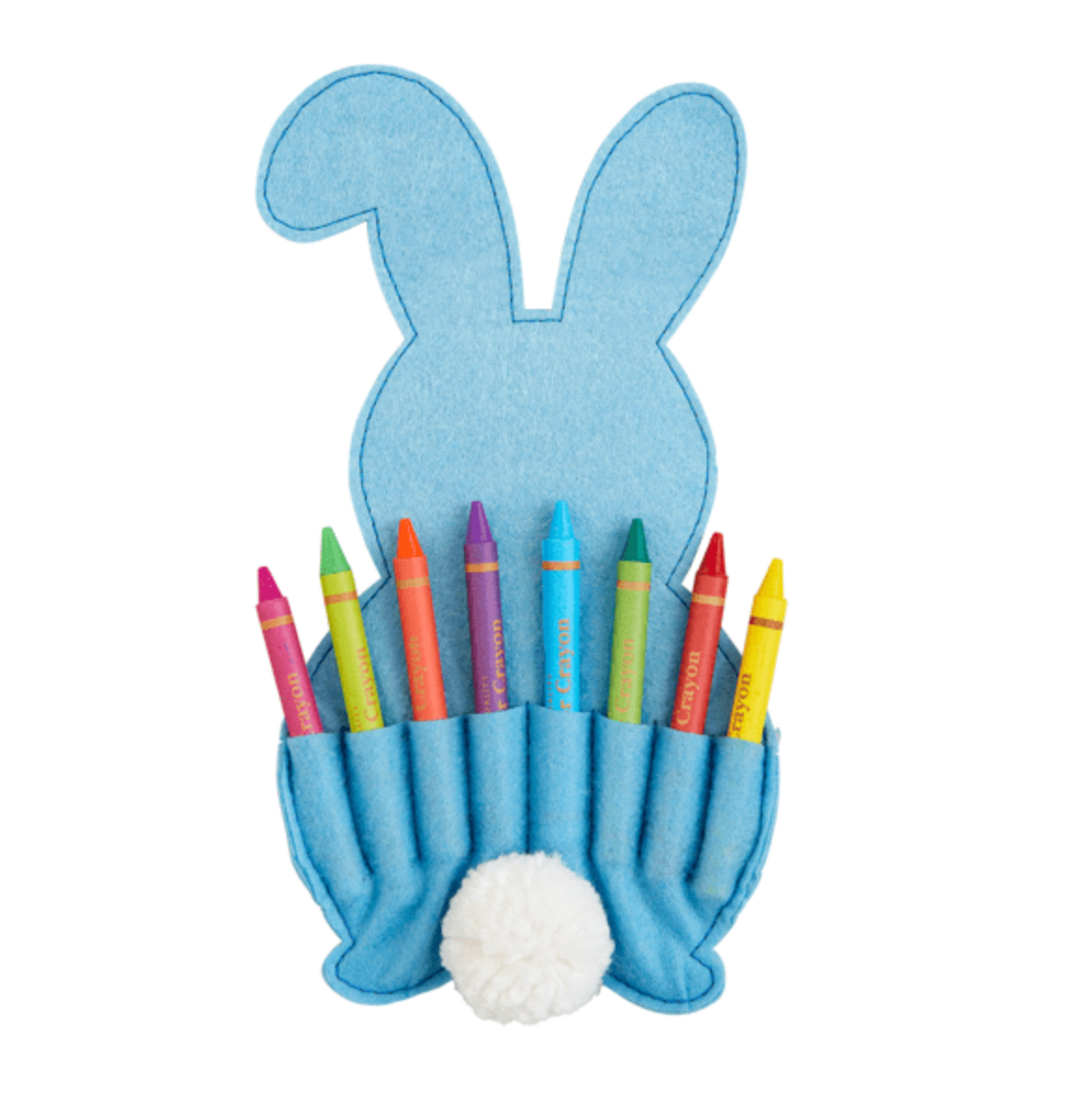 The mudpie Easter Crayon Holder is a bunny-shaped blue caddy with a white pom-pom tail and individual slots for colorful crayons, featuring visible ears and an open flap—perfect for creative Easter fun.