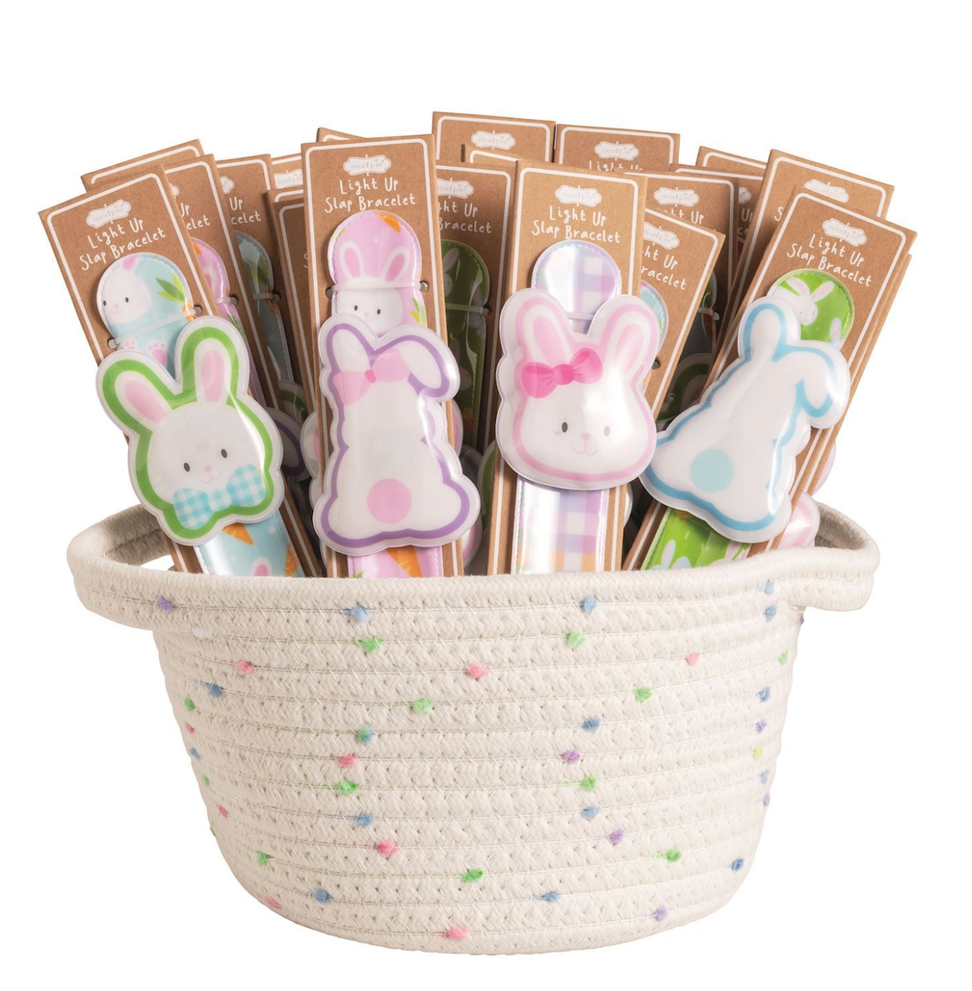The Mud Pie Easter LED Slapbands by mudpie are bunny-shaped, light-up bracelets in assorted colors—great as kids' party favors. Presented in a white woven basket with pastel accents.