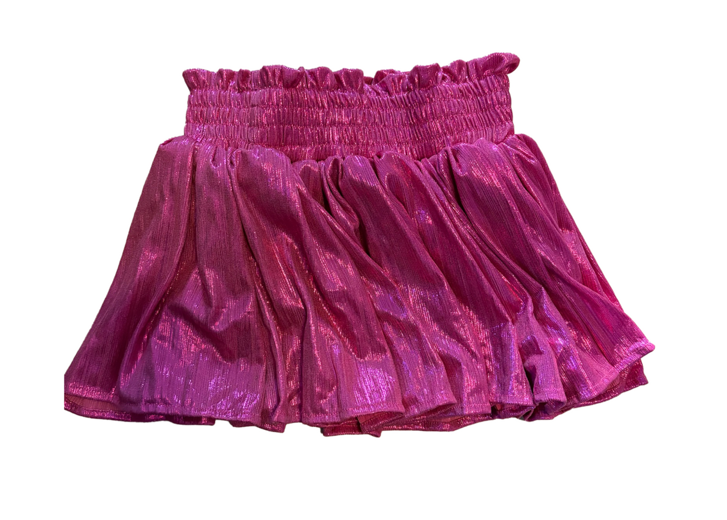 The Tweenstyle by Stoopher Plisse Pink Shine Skort features a metallic pink plisse design with ruffled, elastic waistband, shown on a white background.