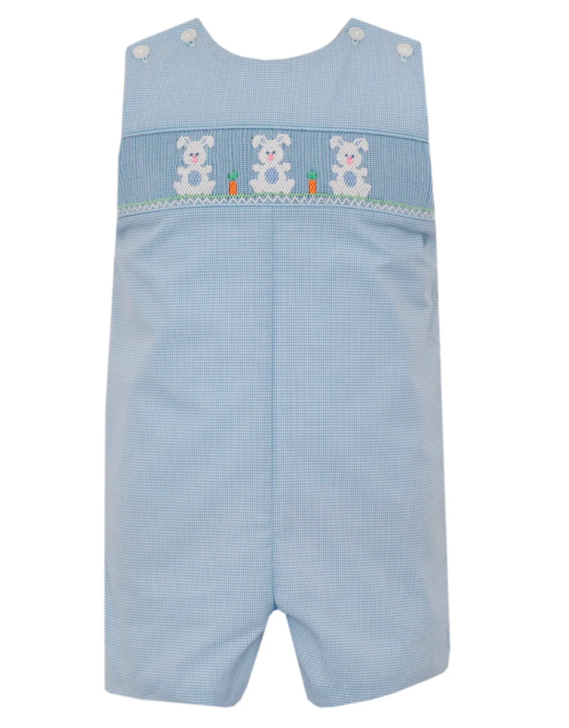 The Petie Bebe Bunnies Jon Jon romper features light blue microcheck fabric, white shoulder buttons, and a chest embroidered with three white bunnies holding orange carrots, finished with decorative white and green stitching.