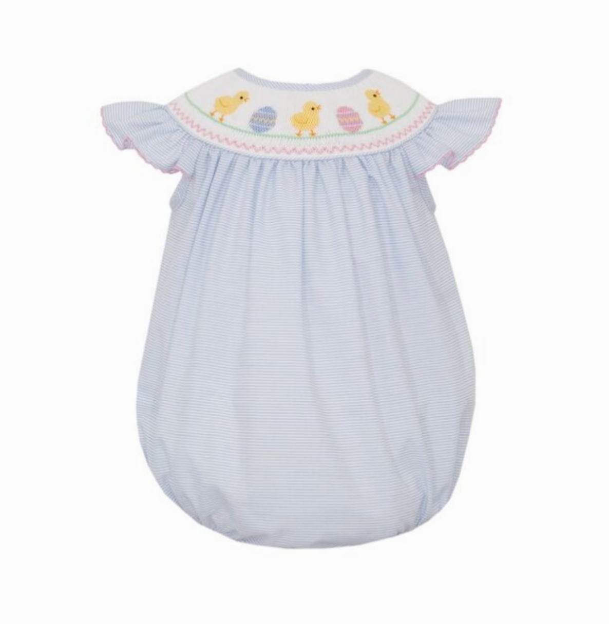 The Petie Bebe Easter Chicks Angel Wing Bishop Bubble features light blue fabric, white and yellow duck embroidery on the yoke, pink-trimmed ruffled sleeves, and gathered shoulders and hem.