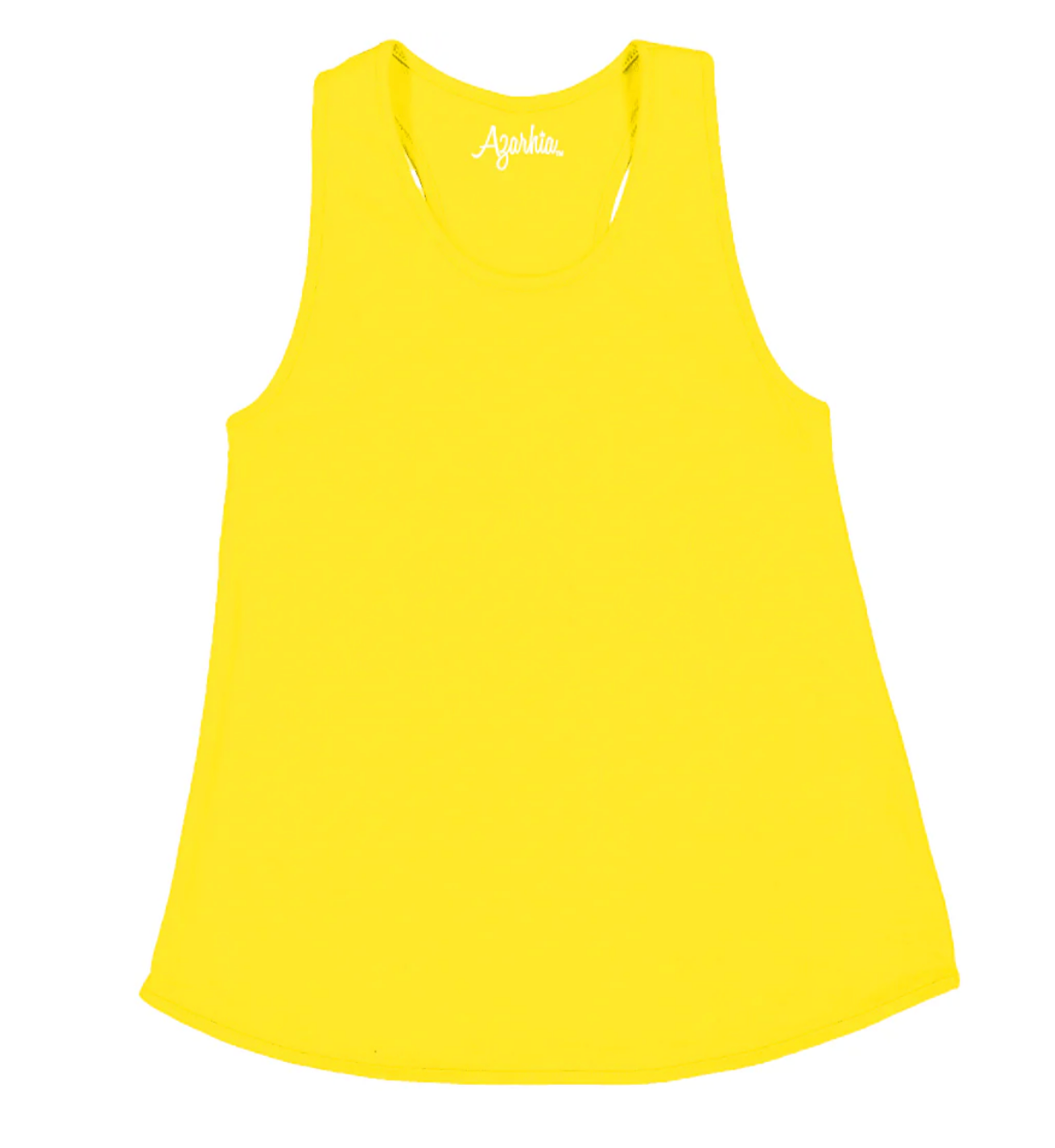 The Azarhia Yellow Racer Back Tank is a bright, sleeveless workout top with a breathable design. Displayed on a white background, the brand name Azarhia is printed inside the neckline.