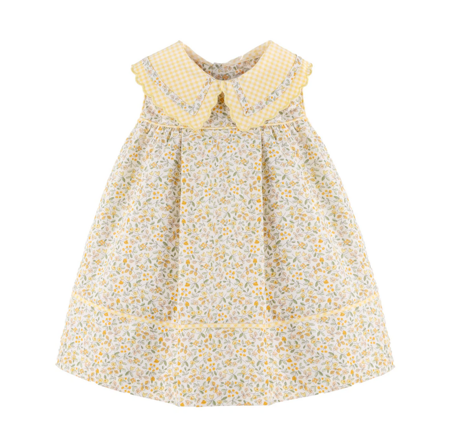 The Sophie & Lucas Garden Club Miller Dress is a sleeveless yellow dress with a checkered Peter Pan collar, scalloped edges, and a yellow-blue floral pattern—ideal for sunny outings.