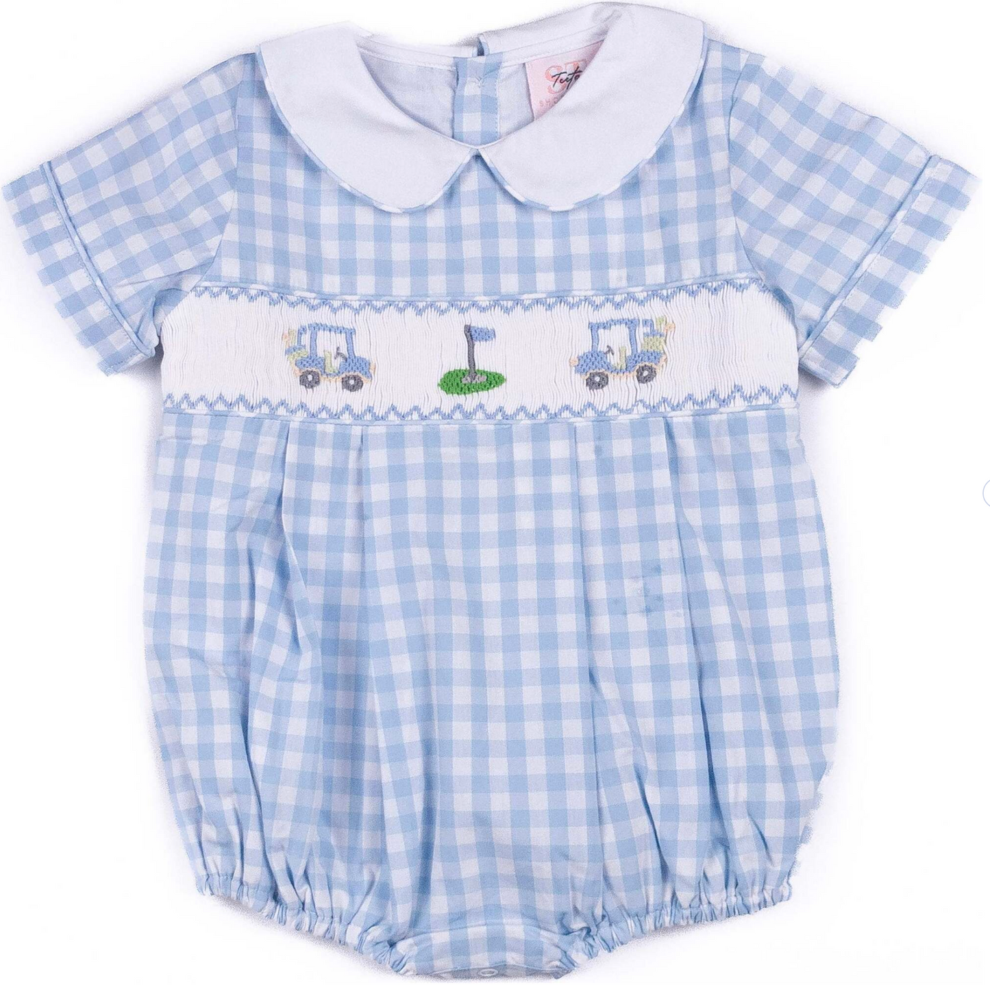 The Golf Noah Bubble by Shop Teeta features a light blue and white gingham design, short sleeves, a white Peter Pan collar, and hand-smocked embroidery of golf carts and a golf green across the chest.