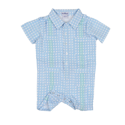The Blue Cane Lattice Guayabera Romper by blue Quail features a stylish design with front buttons, a collar, snap closures at the bottom, and provides UPF 50+ sun protection for babies.