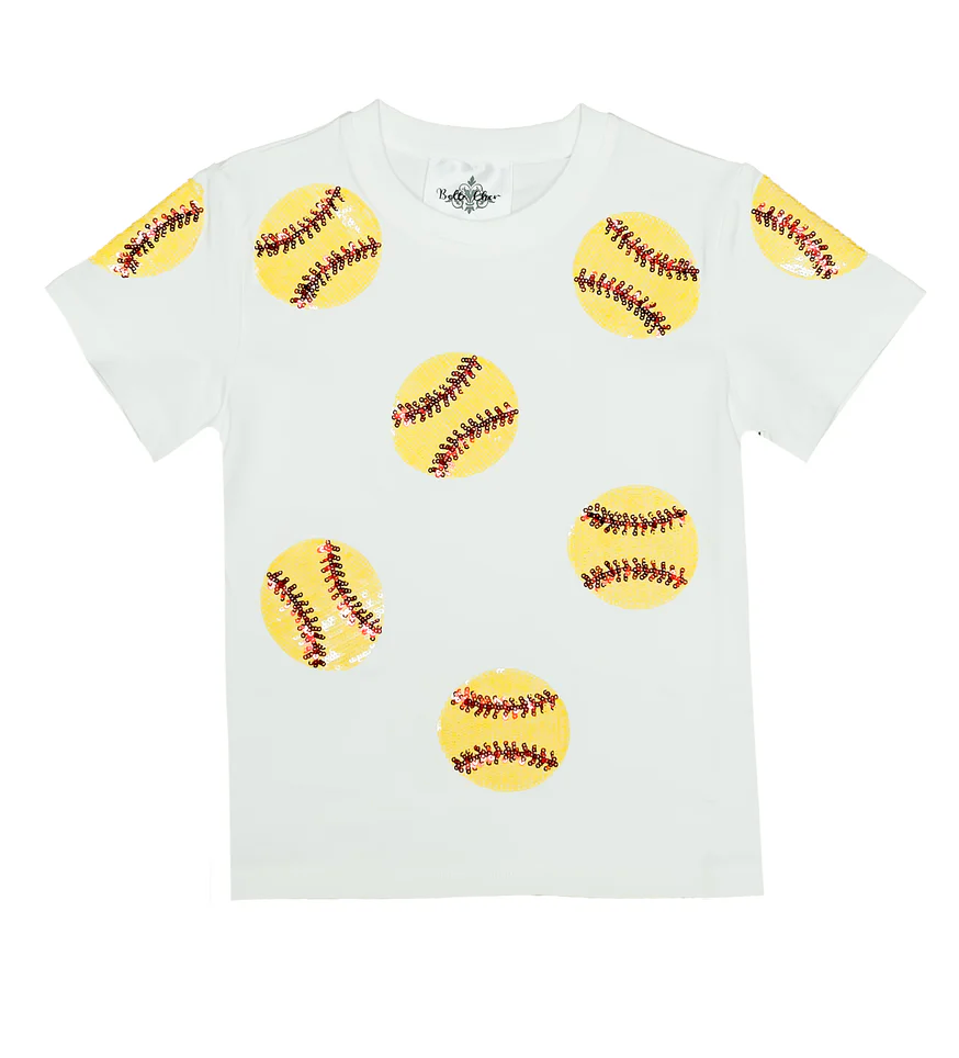 The Belle Cher Softball Sequin Shirt is a white tee with sparkling yellow softballs, ideal for fans and players. Add a sporty flair to your casual look with this standout performance softball shirt.