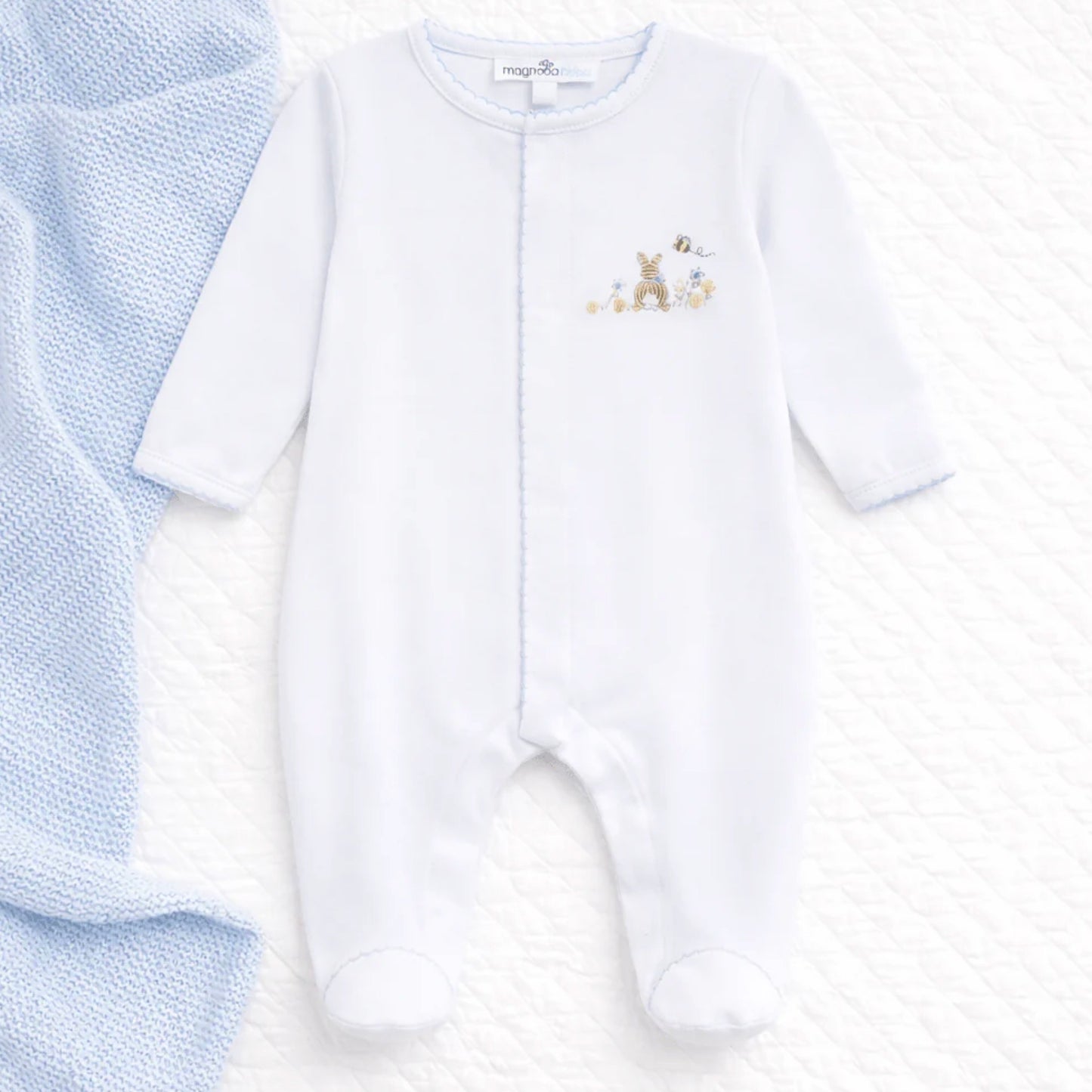 Bunny’s Basket Zip Footie- Light Blue