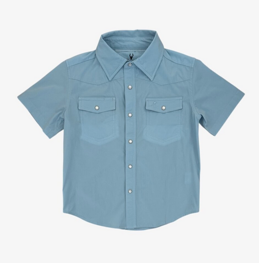 Light blue short-sleeve shirt with two front pockets on a white background