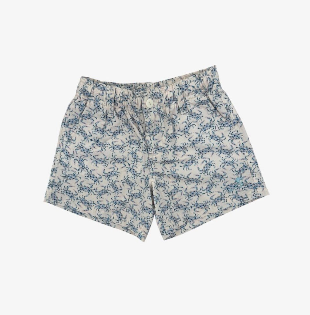 watercolor crab patterned shorts on a white background