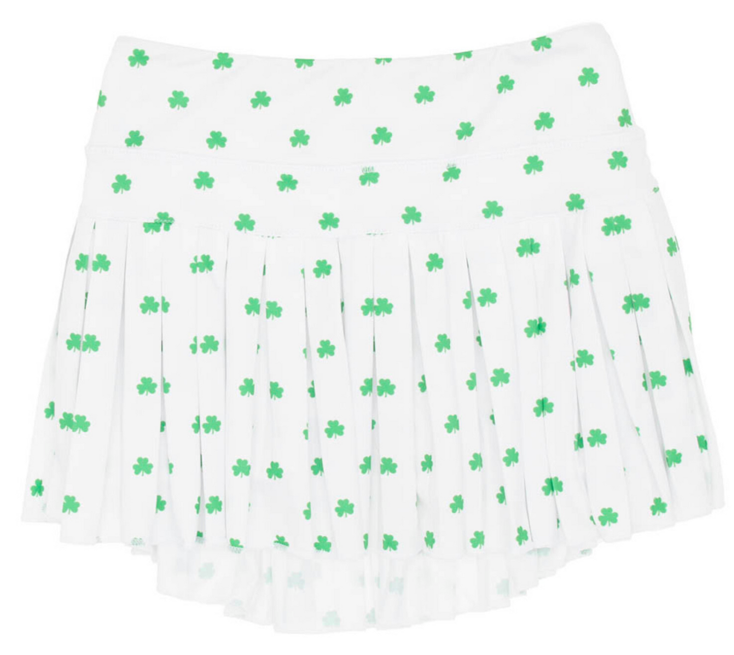 white mini pleated Azarhia skort with miniature green shamrocks printed all over. 