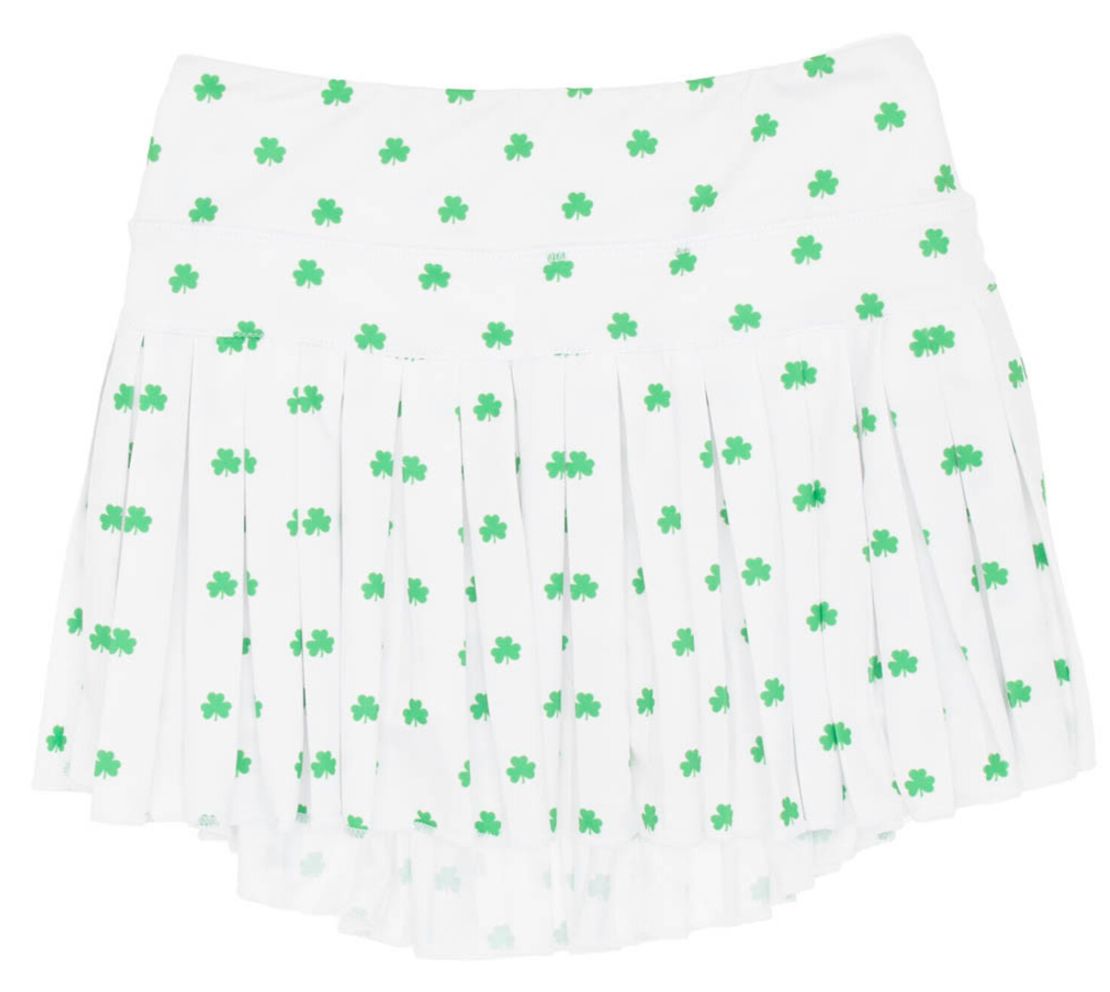 white mini pleated Azarhia skort with miniature green shamrocks printed all over. 