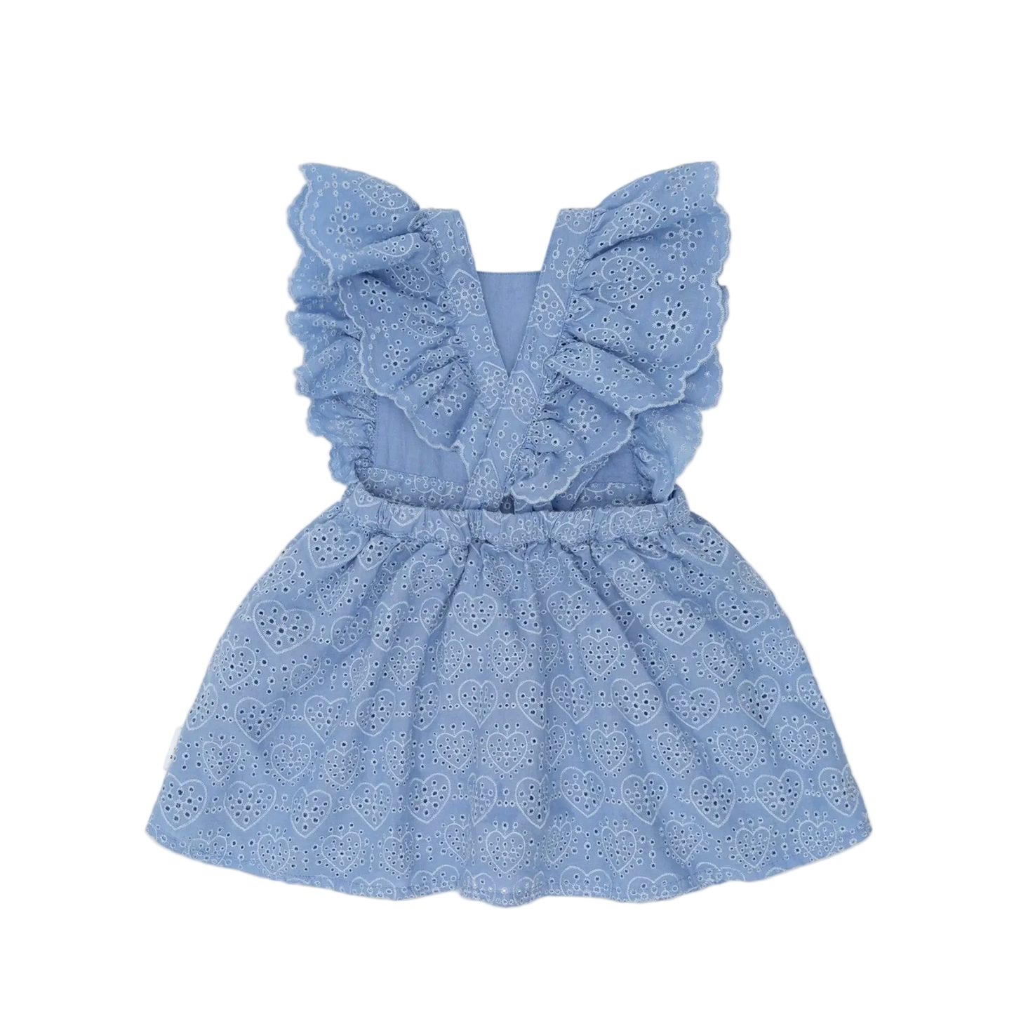 Blue lace dress with ruffled details on a light pink background