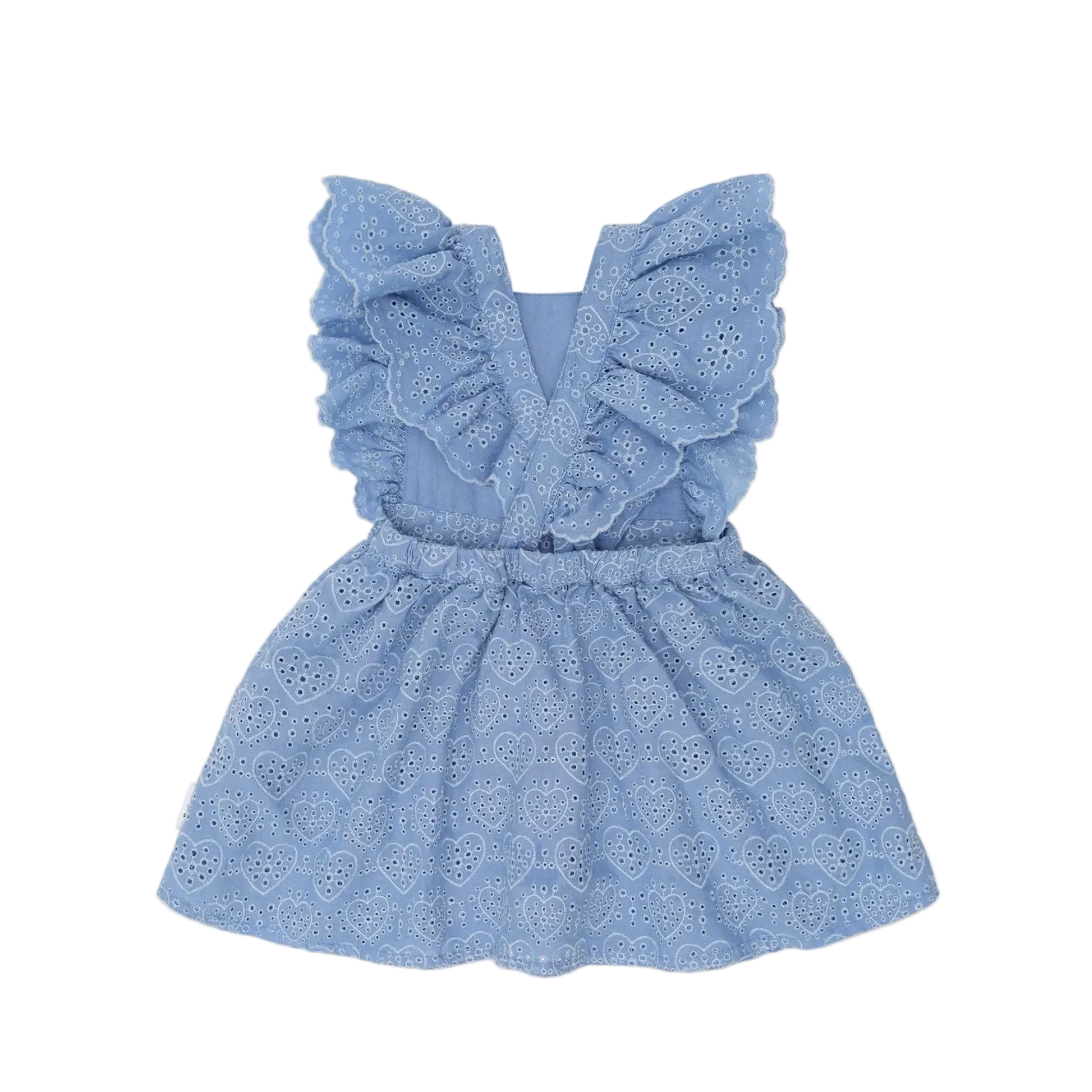 Blue lace dress with ruffled details on a light pink background