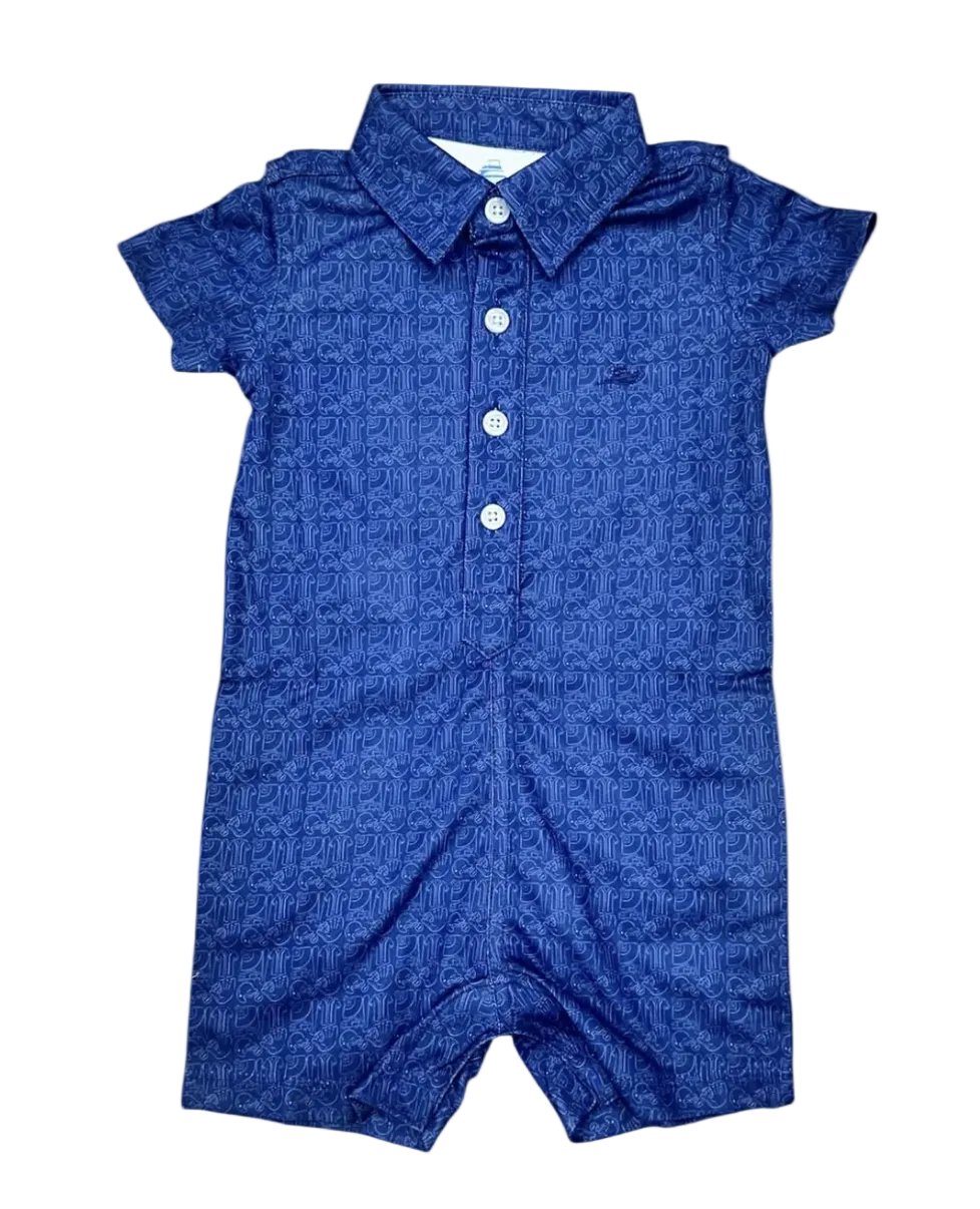 navy boys polo romper with buttons and baseball printed items in white