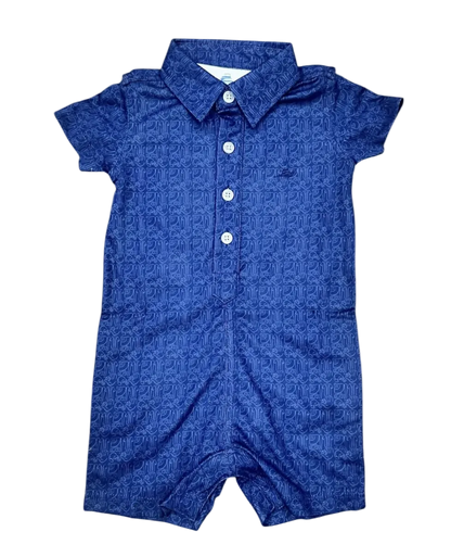 navy boys polo romper with buttons and baseball printed items in white