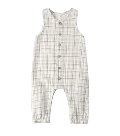 Plaid romper with buttons on a white background
