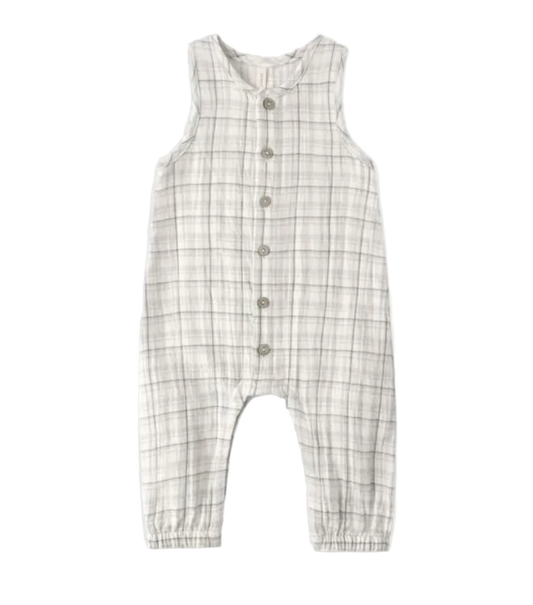 Plaid romper with buttons on a white background