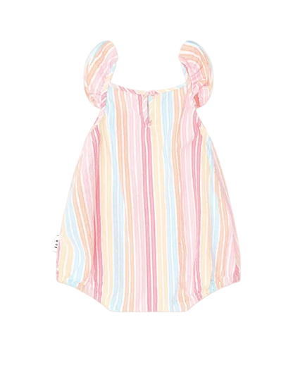 Pastel striped swimsuit on a light pink background