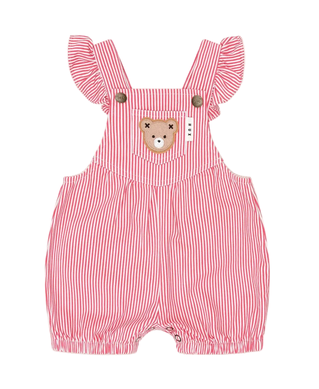 Red and white striped baby romper with bear design on a beige background