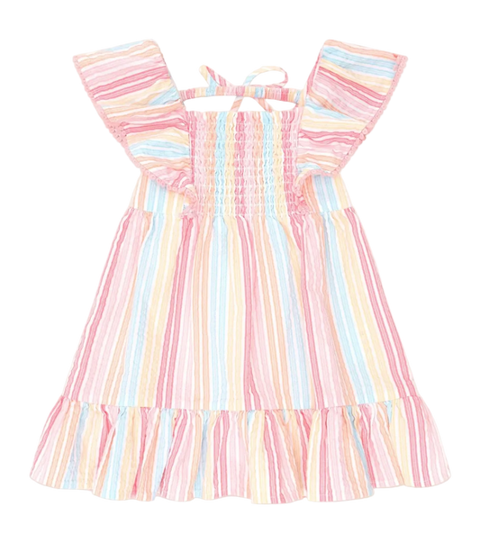 Pastel striped dress on a light pink background