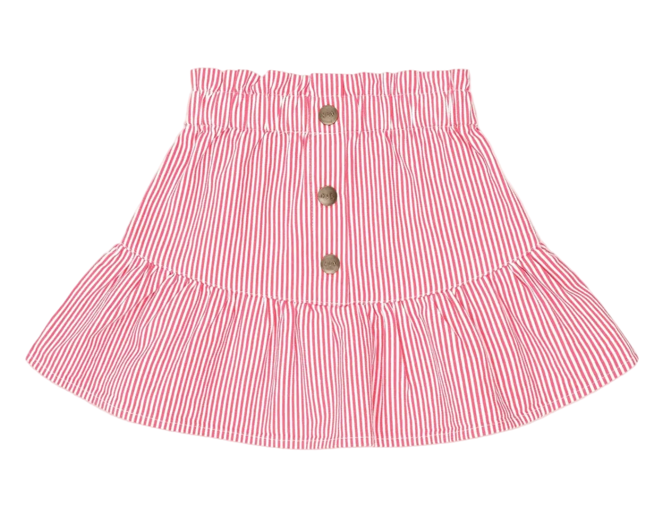red and white striped skirt with buttons on a light pink background
