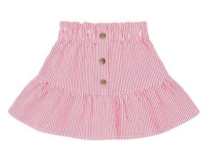red and white striped skirt with buttons on a light pink background