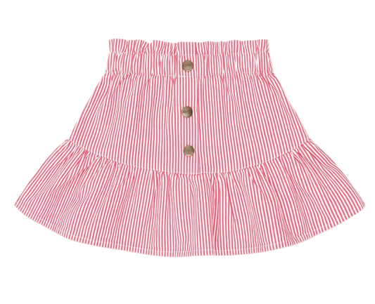 red and white striped skirt with buttons on a light pink background