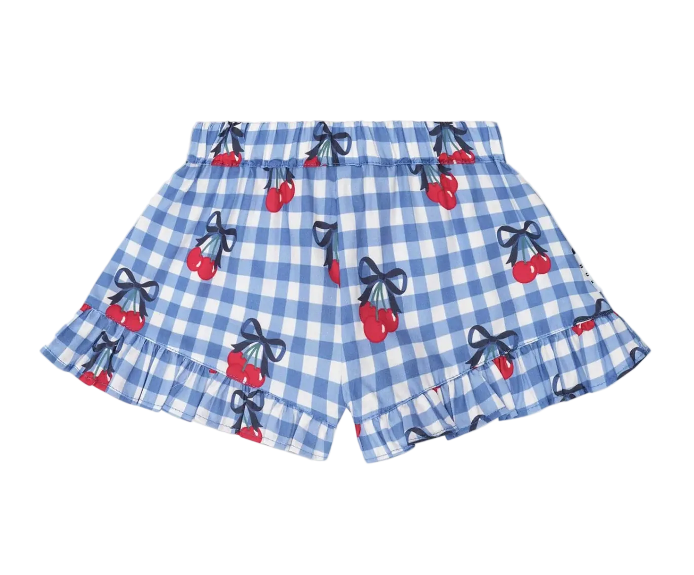 Blue checkered shorts with cherry and bow pattern on a beige background