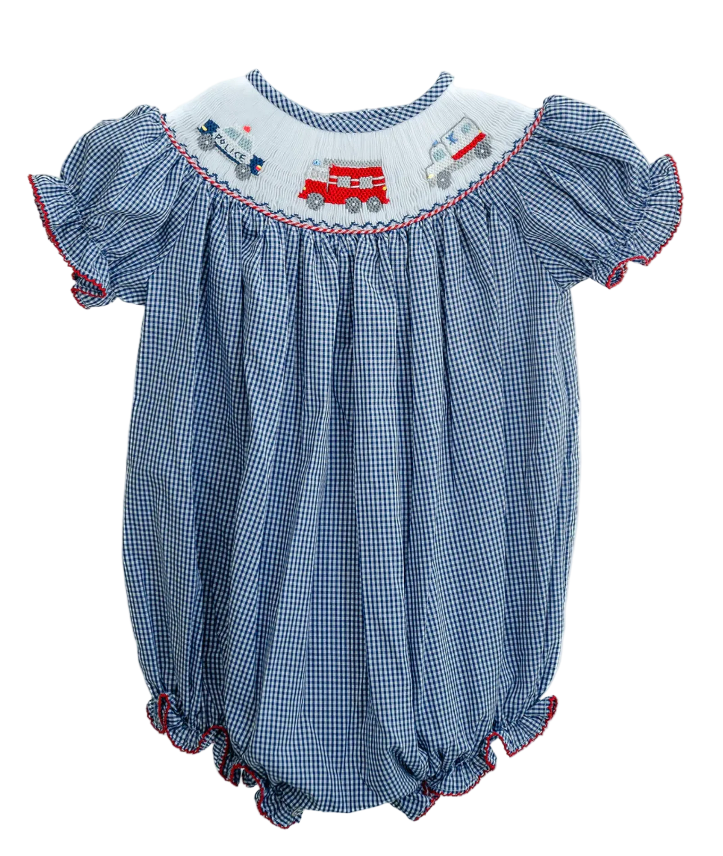 Blue checkered baby romper with embroidered designs on a white background