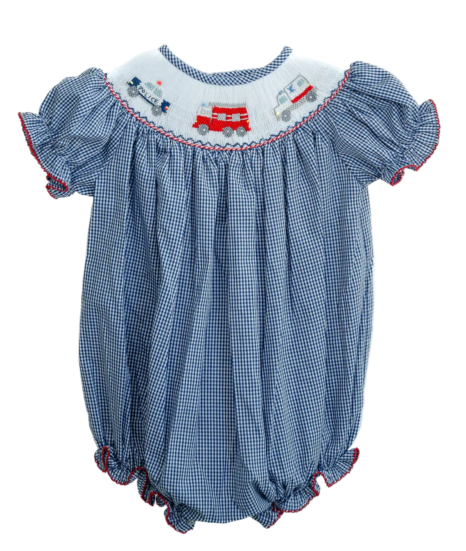 Blue checkered baby romper with embroidered designs on a white background