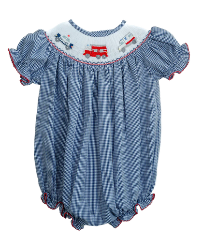Blue checkered baby romper with embroidered designs on a white background