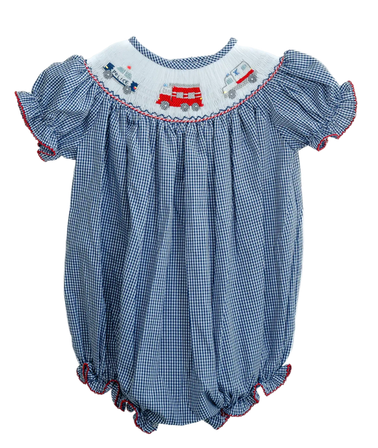 Blue checkered baby romper with embroidered designs on a white background