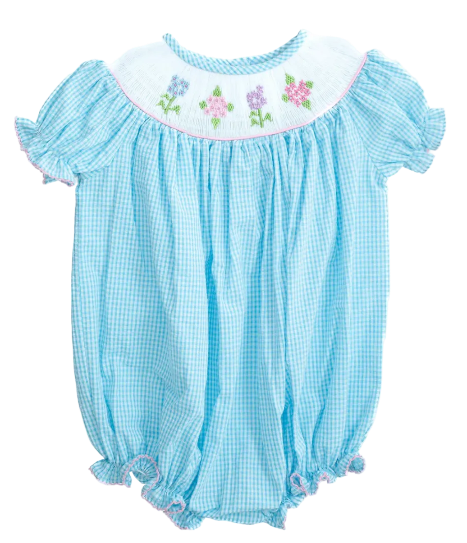 Light blue checkered baby romper with floral embroidery on a white background