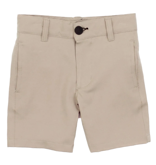 Beige shorts with a button on a white background