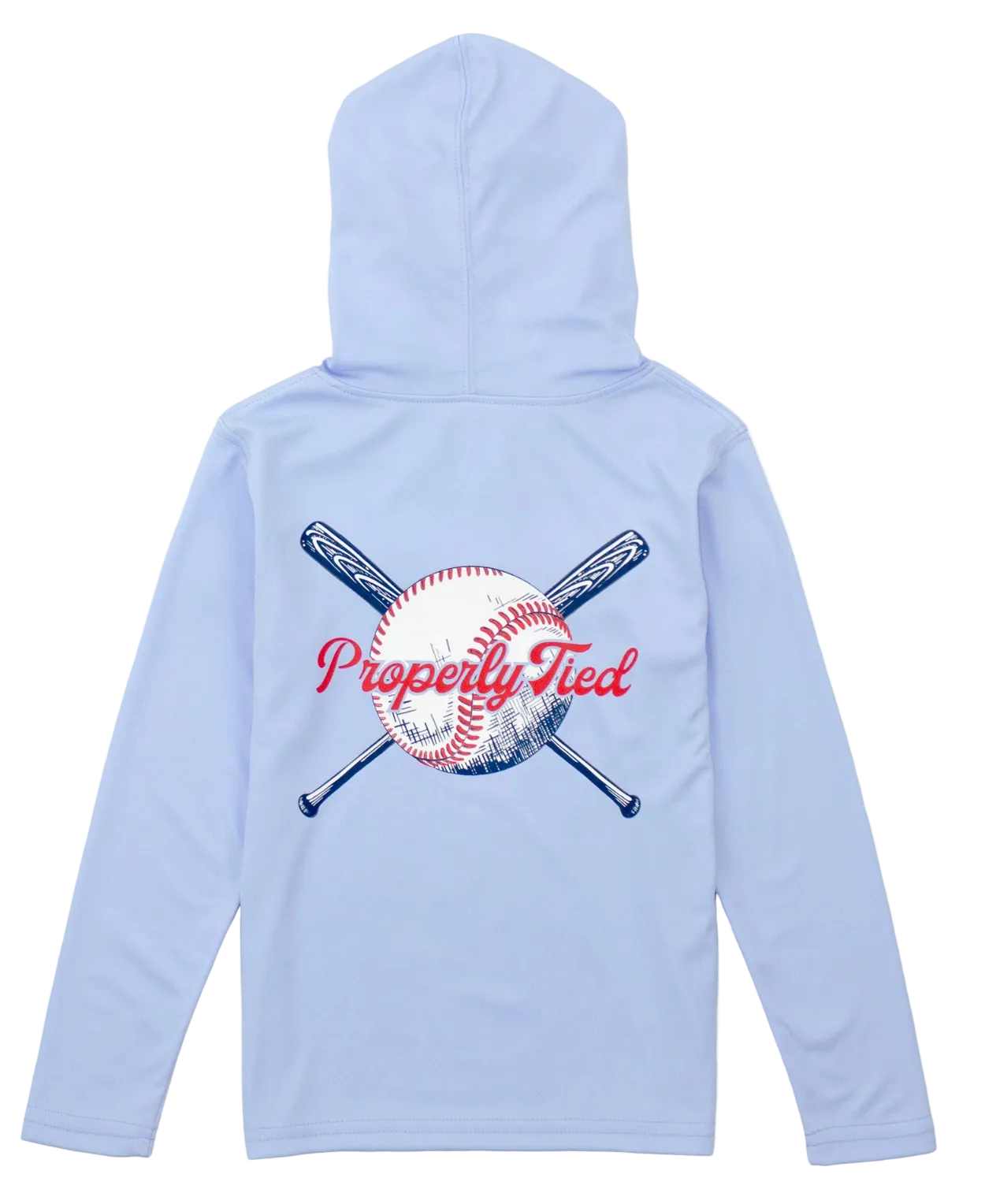 Light blue hoodie with baseball and bat design on the back, on a white background