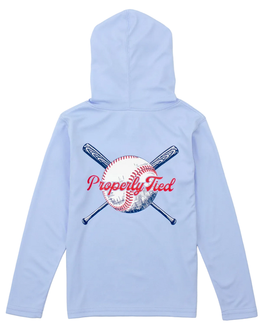 Light blue hoodie with baseball and bat design on the back, on a white background