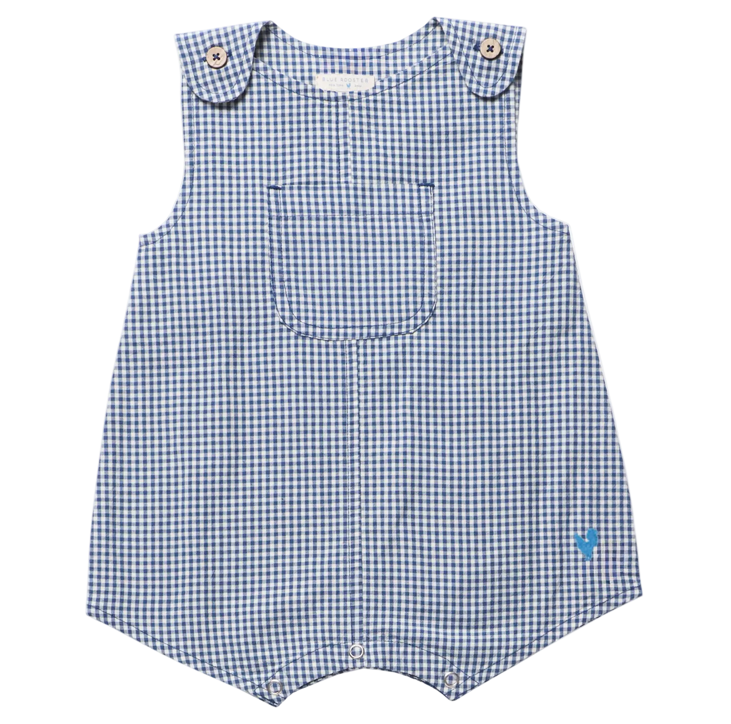Blue and white checkered romper on a white background