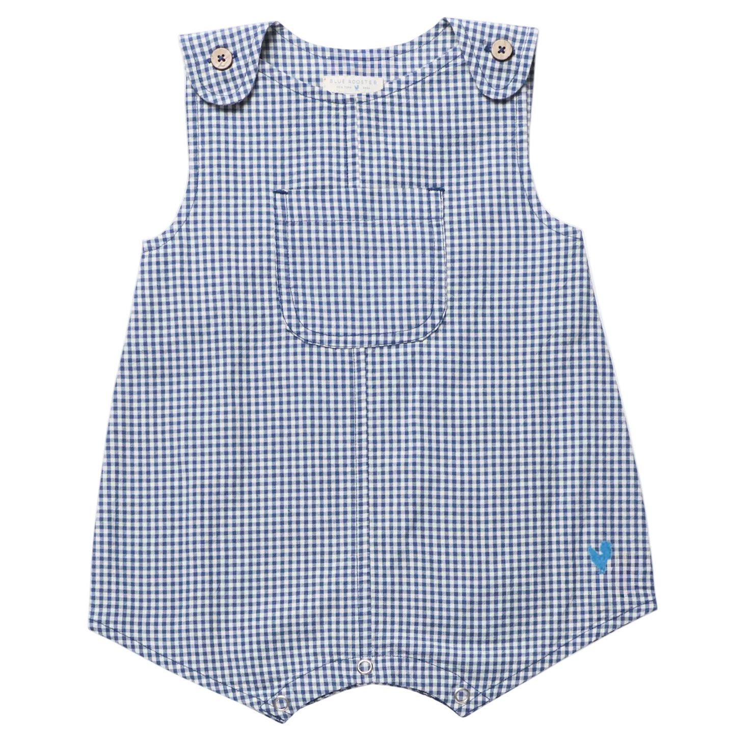 Blue and white checkered romper on a white background
