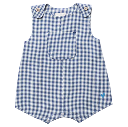 Blue and white checkered romper on a white background