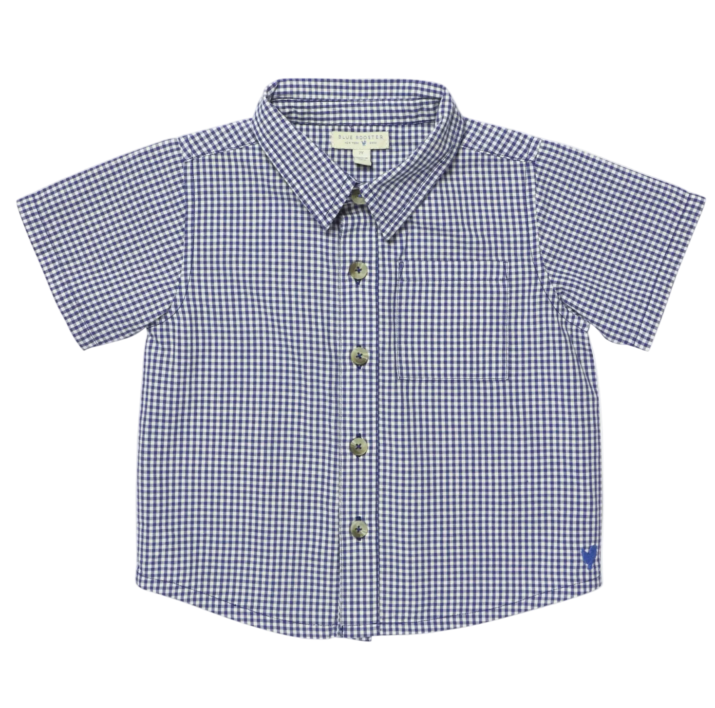 Blue and white checkered short-sleeve shirt on a white background