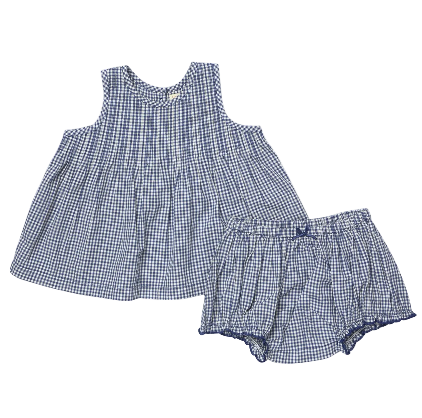 Blue checkered dress and bloomers set on a white background