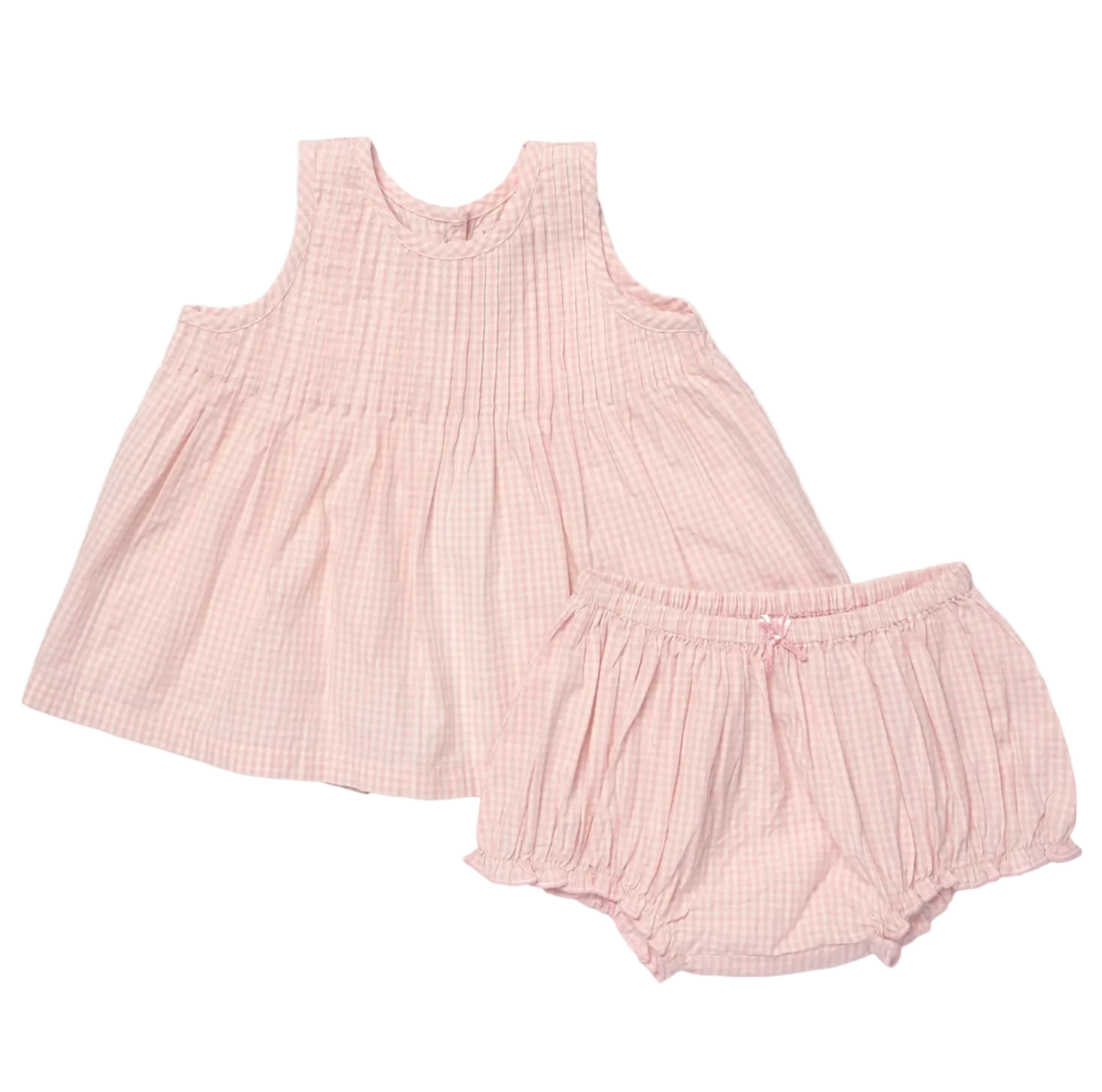 Pink checkered dress and bloomers set on a white background