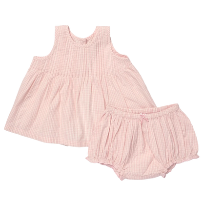 Pink checkered dress and bloomers set on a white background