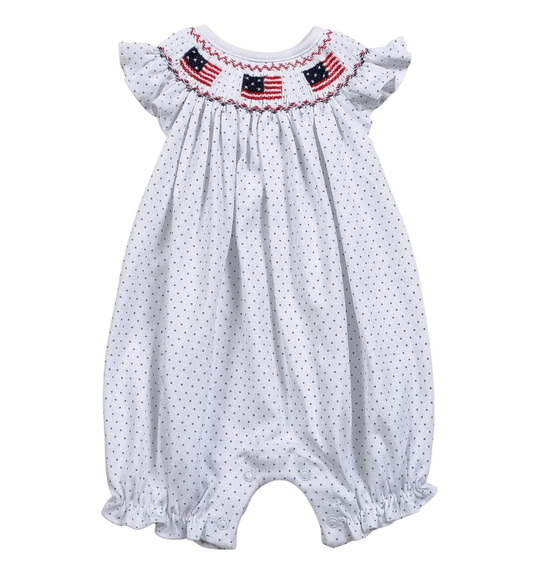 Baby romper with American flag design on a white background