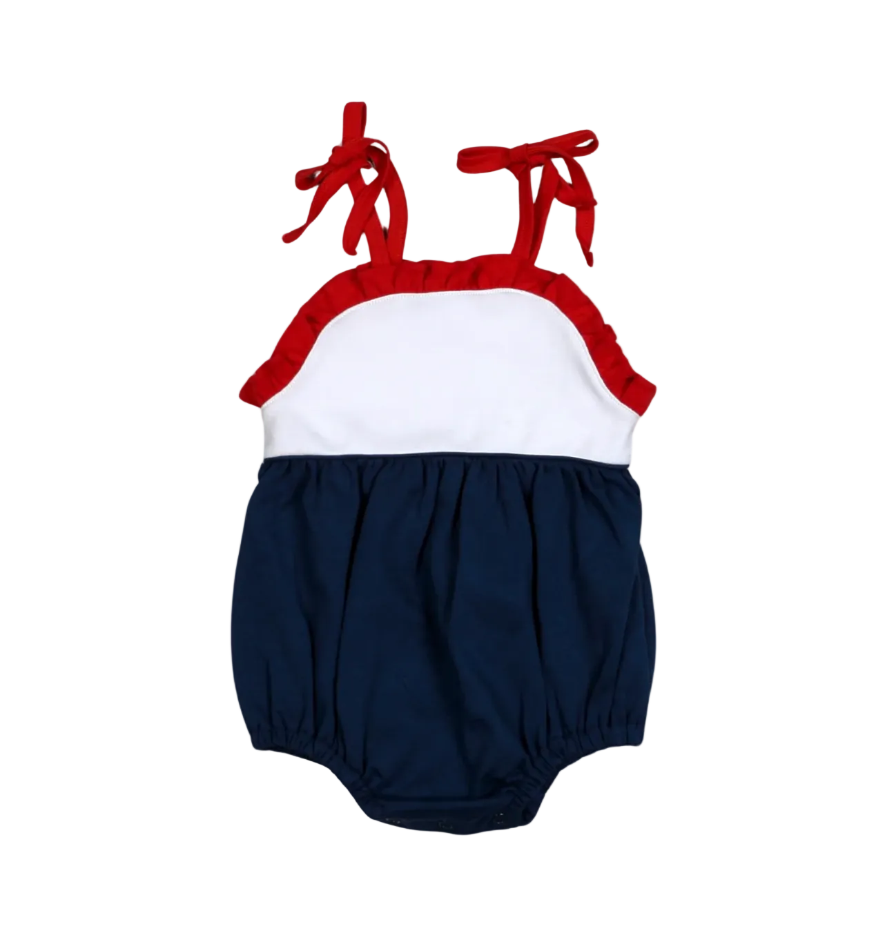 Baby romper with red straps and navy bottom on a white background